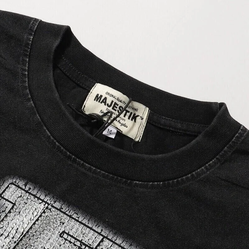 MAJESTIK Street Streetwear Retro Skull Print Washed Vintage Stained Beaded Loose Casual Short-Sleeved T-shirt ins