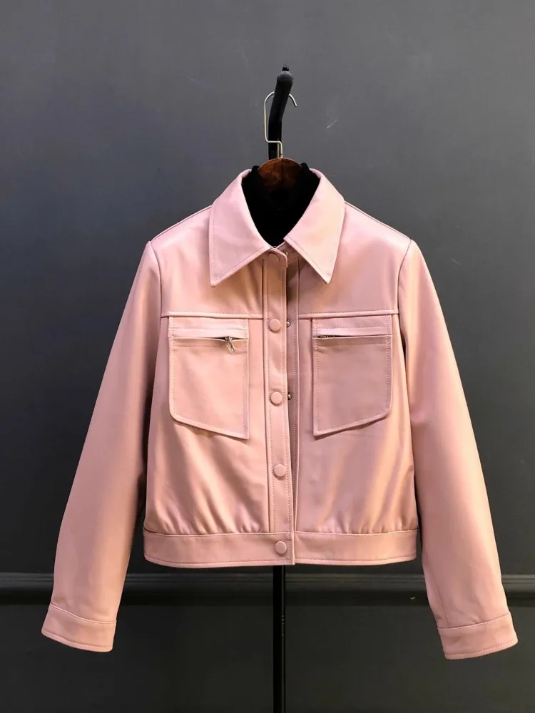 Damska kurtka motocyklowa z prawdziwej skóry owczej, krótki płaszcz, kwadratowy kołnierz, jednorzędowa, dopasowany krój, skórzana odzież wierzchnia, casual.