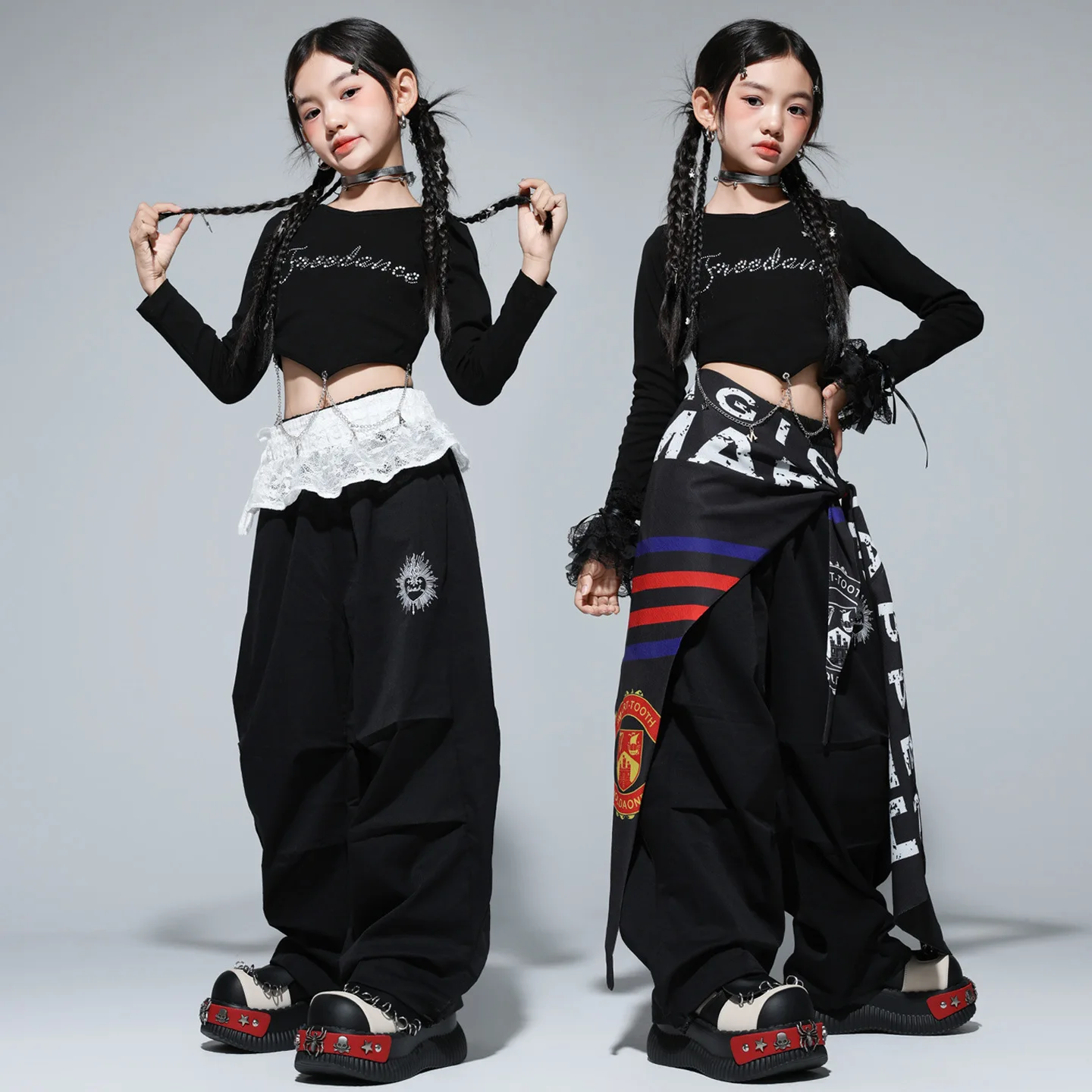 

Kid Kpop Hip Hop Clothing Black Chain Crop Long Sleeve T Shirt Top Casual Parachute Pants for Girls Street Dance Costume Clothes