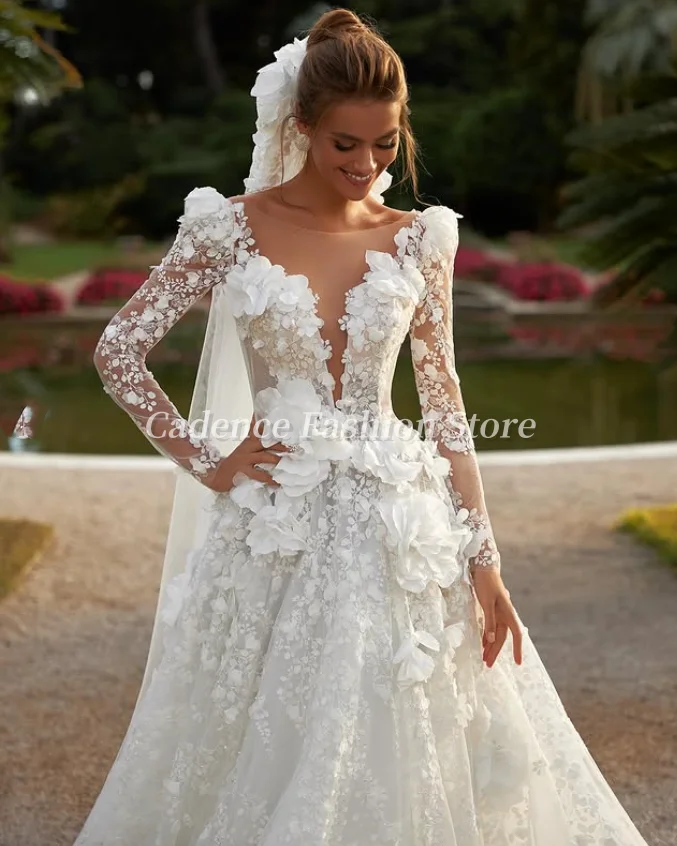 Maßgeschneiderte süße Prinzessin O-Ausschnitt Langarm Brautkleid Spitze Applikation 3D-Blume A-Linie Brautkleider Spitze Brautkleider