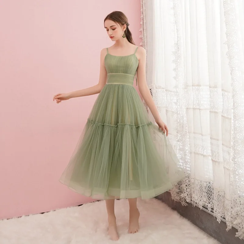 

Grass Green Forest Style Super Fairy Strap Mesh Dress for Outdoor Photoshoots and Travel, Mid-Length Dress for Petite Figures