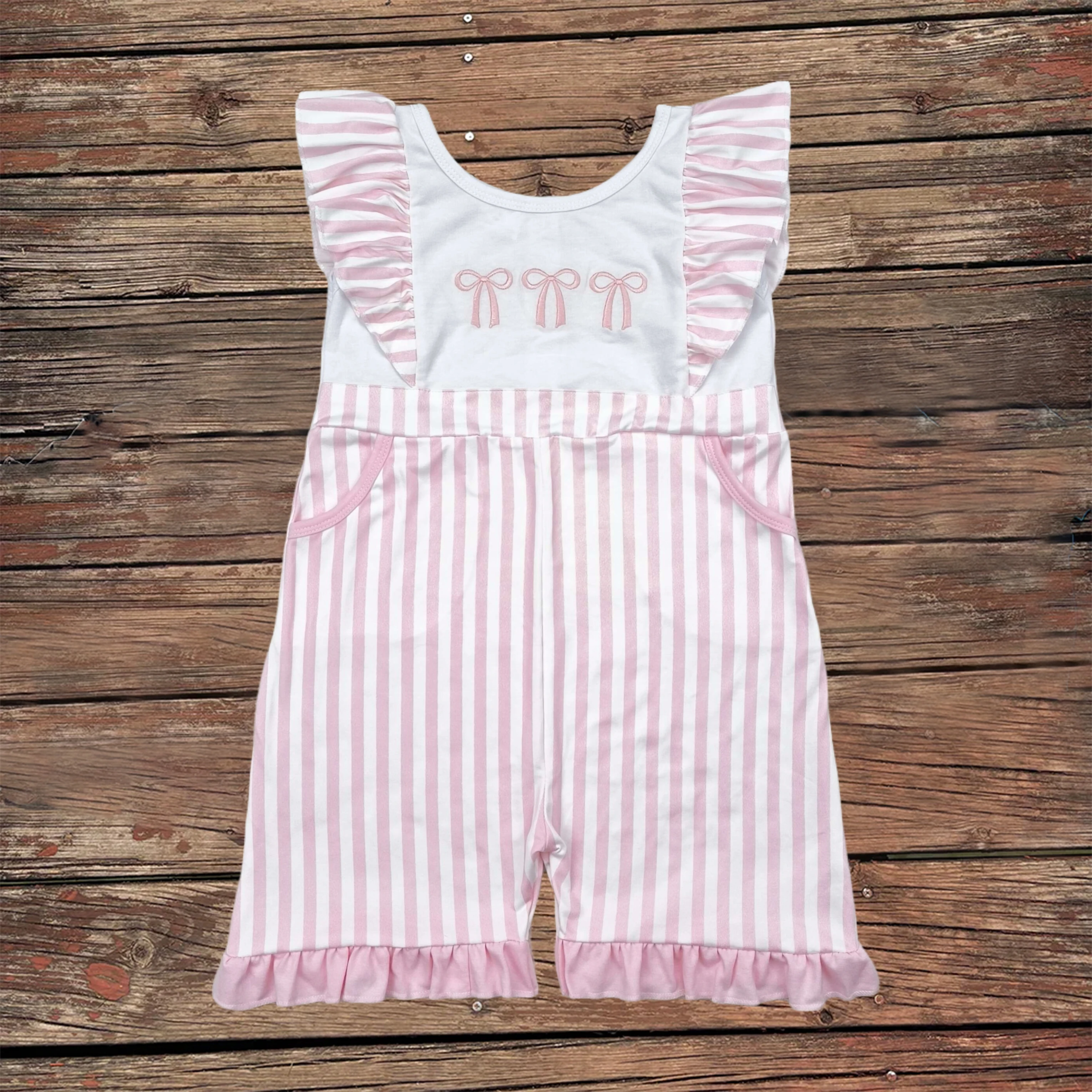 

Wholesale Embroidery Bows Newborn Coverall Toddler Children Kid Stripes Ruffle Flutter Sleeves Bodysuit Baby Girl Pockets Romper