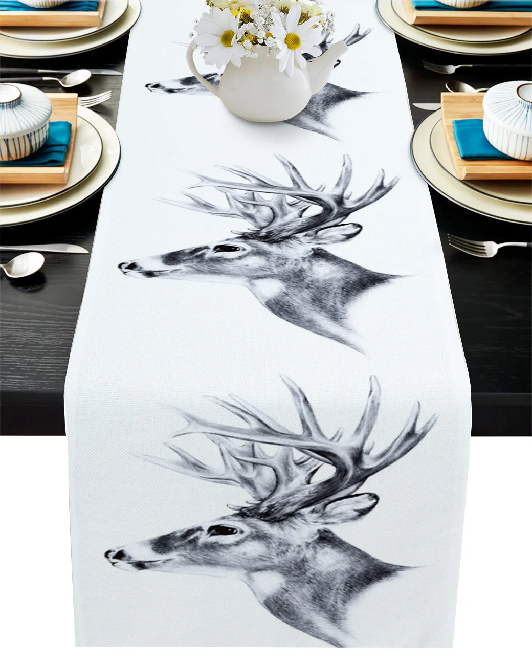 Animal Deer Hand Drawn Table Runner Wedding Decoration Home Dinner Table Decor Cotton Linen Table Runner