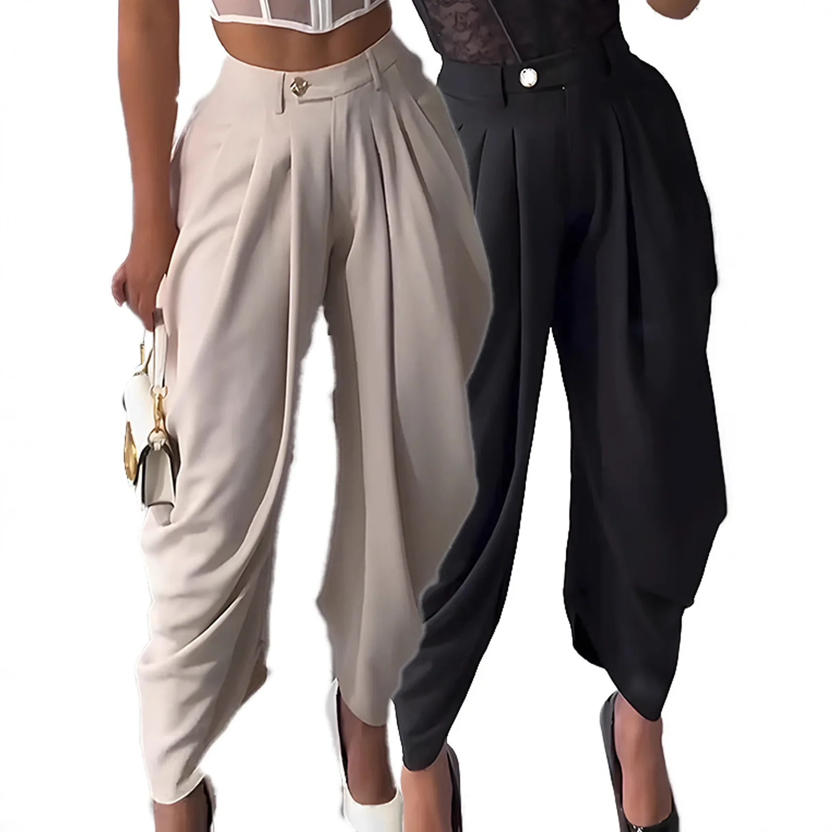 Pantalon long ample taille haute pour femme, style décontracté et actif, couleur unie, collection automne 2026, idéal pour le travail ou la ville