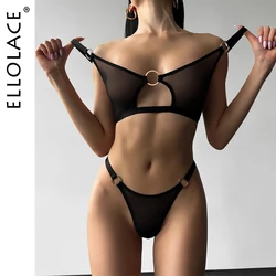 Ellolace-Conjunto de lencería Sexy para mujer, traje de encaje transparente, ropa interior de tul de fantasía, conjunto de encaje sin costuras