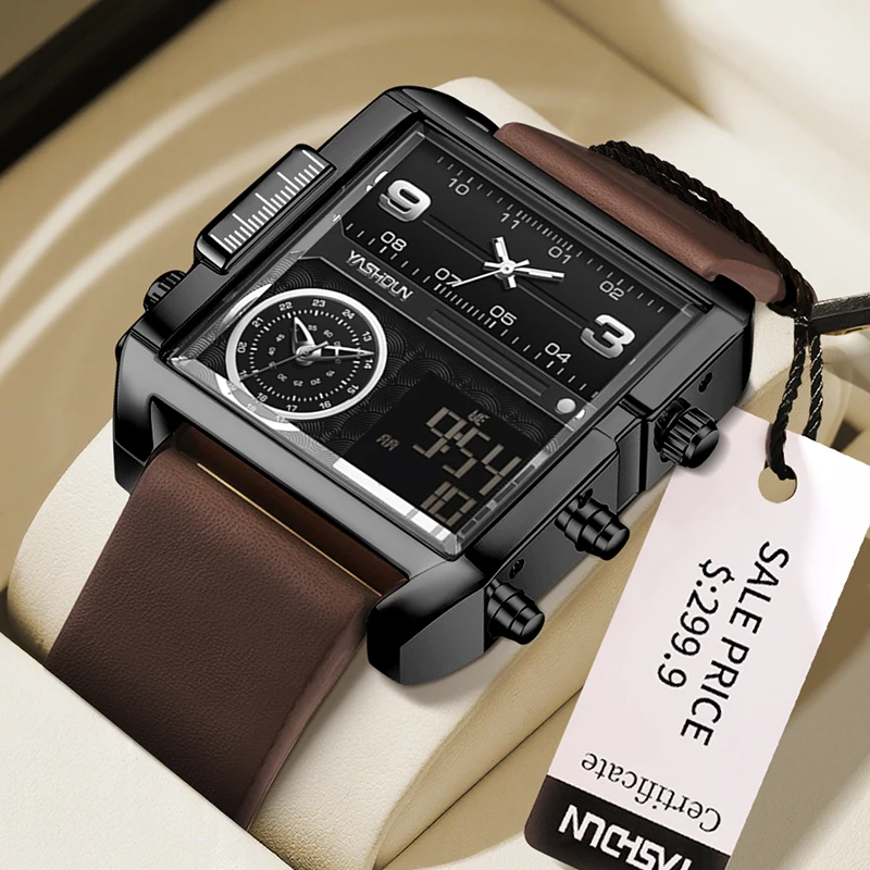 YASHIDUN Watches for Men Multifunctional Watches Square Digital Sports Quartz Wristwatch  Men Waterproof Stopwatch Leather Band