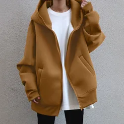 Zip Up Oversize Women Hoodies Coat Solid Color Zipper Hooded Cardigan Vintige Loose Long Sleeves Autumn Winter Jacket Sweatshirt