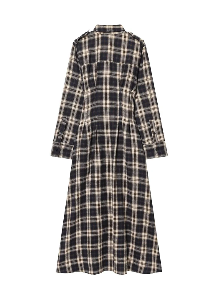TFMLN レディース シャツ マキシドレス 秋 カジュアル 長袖 ラペル ボタンアップ チェック柄 レトロ スリム ロングドレス ファッション レディース