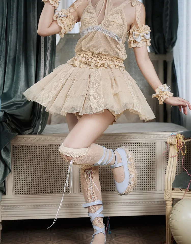 Original Blood Supply Mousse French Rococo Retro Cream Beige Lace Puffy Ball Gown Culottes Skirt Mini Pant Skirt
