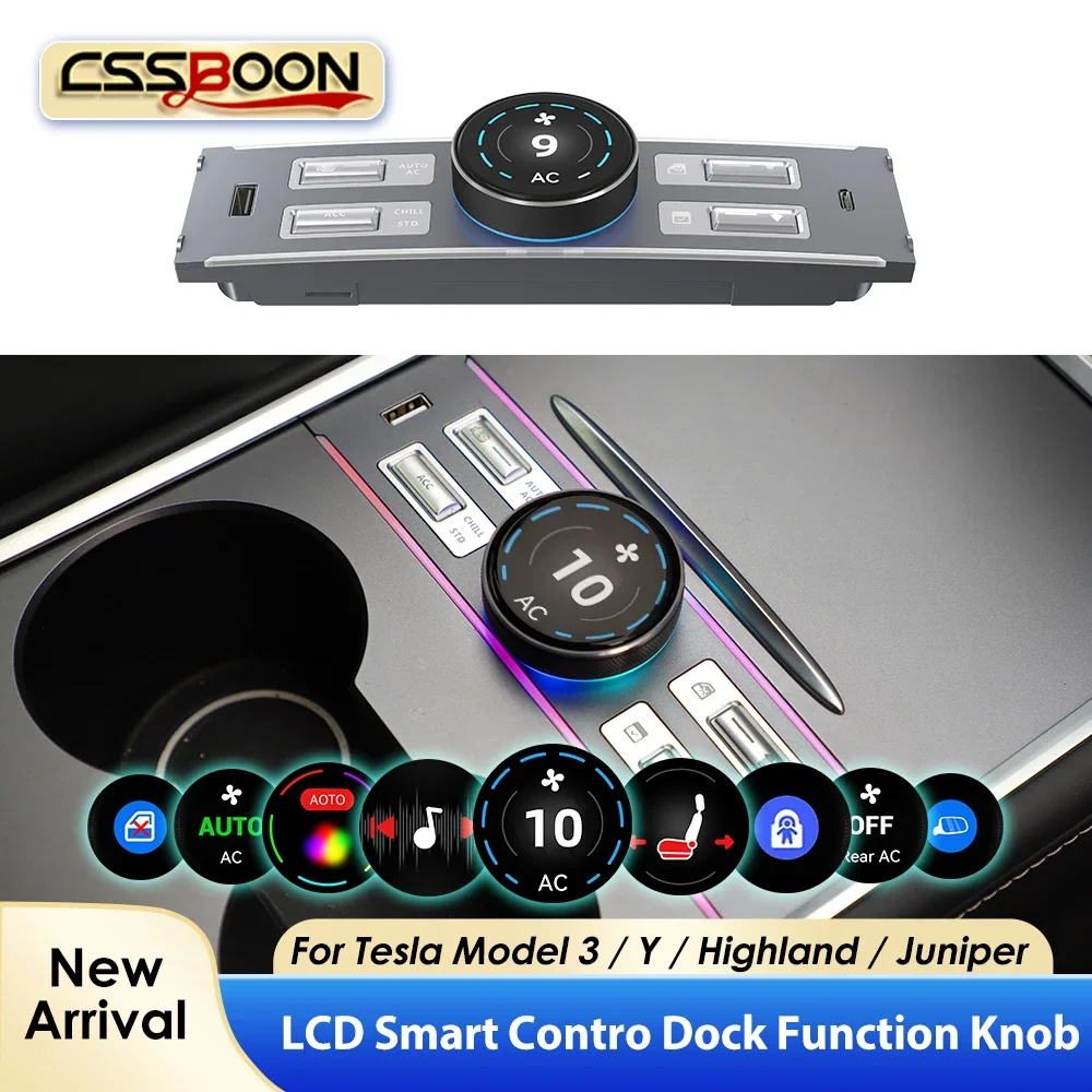 CSSBOON LCD Intelligent Control Expansion Dock Station for Tesla Model Y 3 Highland Function Knob Physical Button AC Controller
