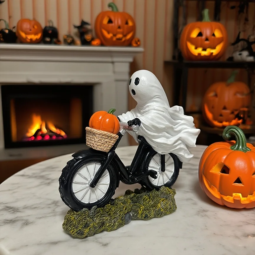 Ornement de citrouille à vélo pour Halloween, figurine en résine d'Halloween, article de décoration créative pour l'ambiance d'Halloween, cadeau de fête.