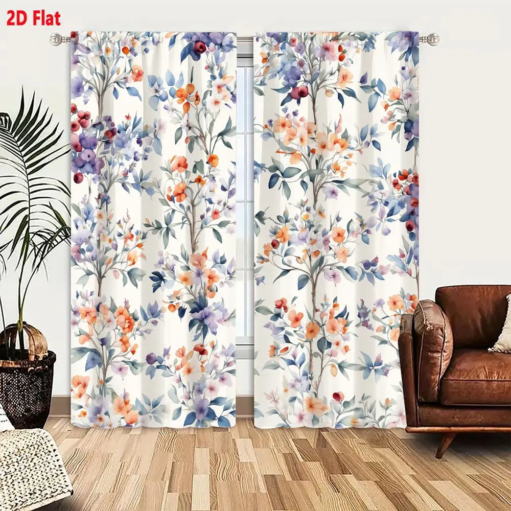 2Pcs Curtains 2D Flat Seamless Floral Pattern With Watercolor Botanical Illustrations On Off White Background Featuring Dusty La