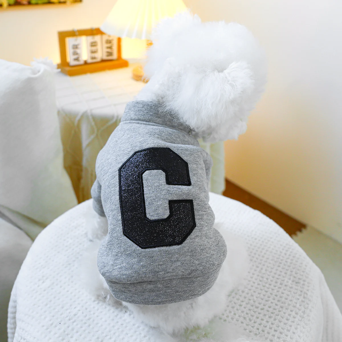 1PC Pet Clothing Cat Spring and Autumn Plush Thickened Warm Letter Solid Gray Coat Suitable for Small and Medium Dogs