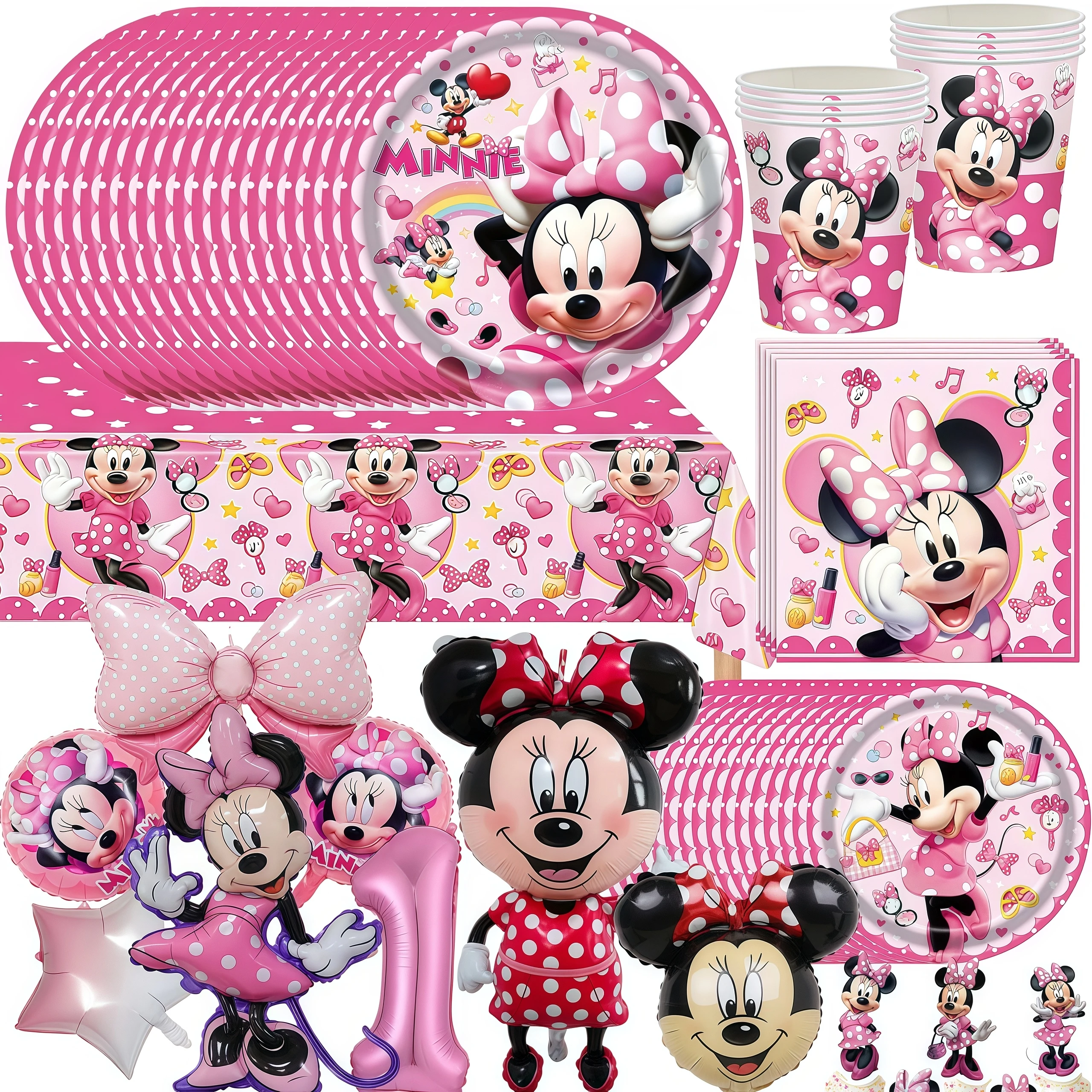 Décoration de fête d'anniversaire Minnie Mouse pour filles, vaisselle rose Minnie, assiettes, gobelets, ballons, cadeau pour enfant, fournitures de réception-cadeau pour bébé