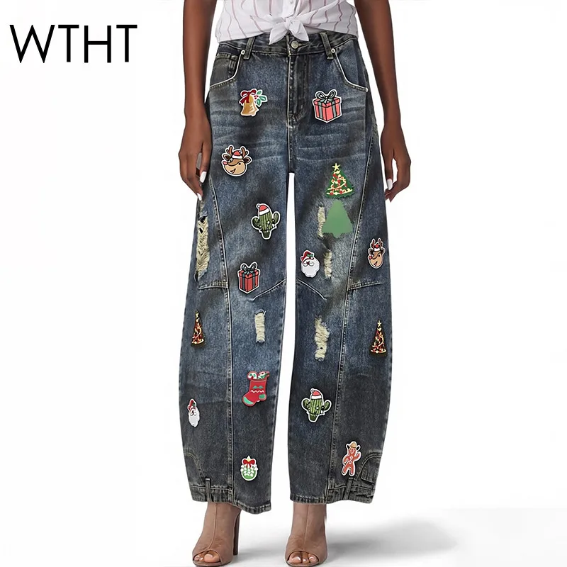

WTHT Vintage Fashion Women's Spliced Badge Hole Straight Wide Leg Jeans 2026 Spring Trendy High Waist Denim Pants Female 1LS2970