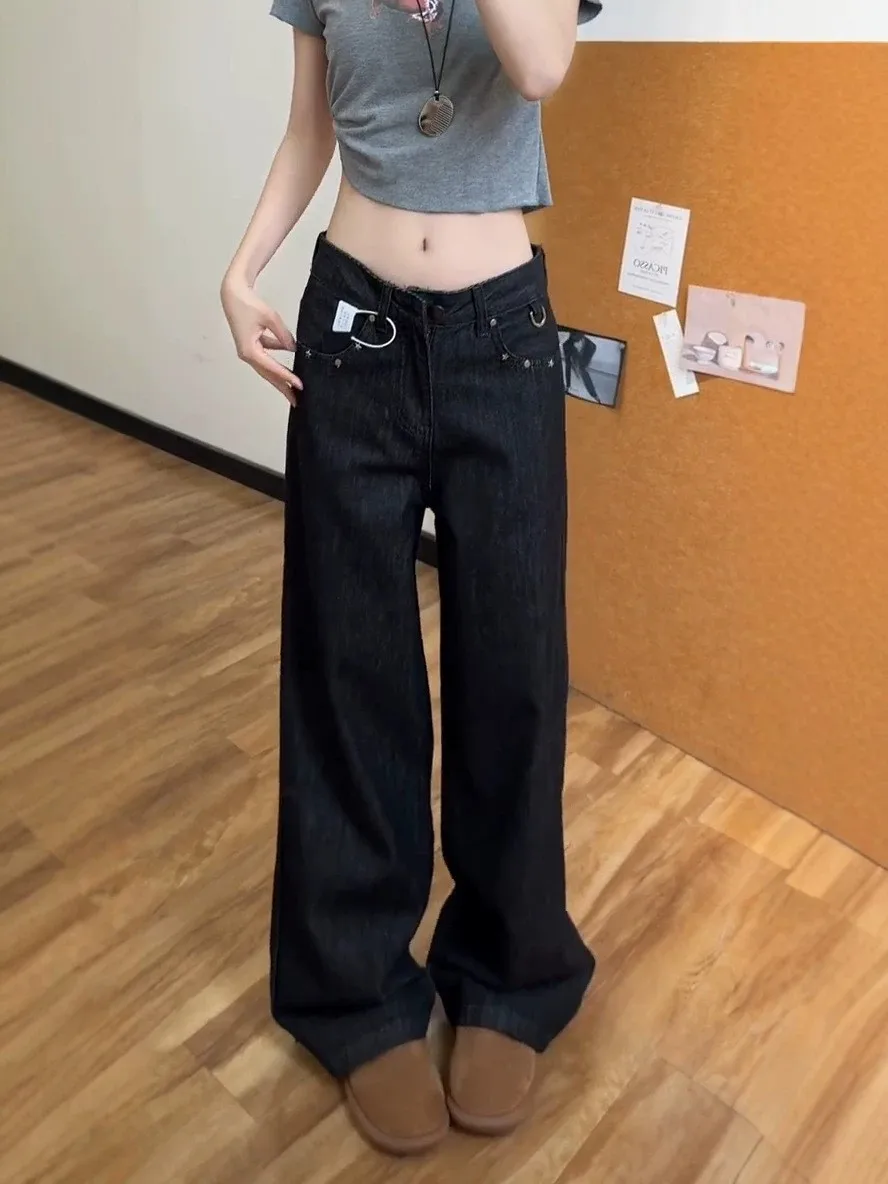 High Waist Wide Leg American Washed Denim Jeans Women's Loose Drapey Straight Leg Pants Fall New Design Sense Rivet Casual Jeans