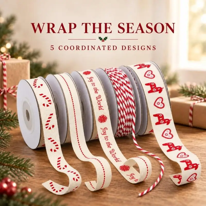 5 Rolls 25 Yards Christmas Gift Wrapping and Craft Ribbon, Soft Cotton Fabric for Decorative Tie, Knots, Bowknot, Handmade 24BB
