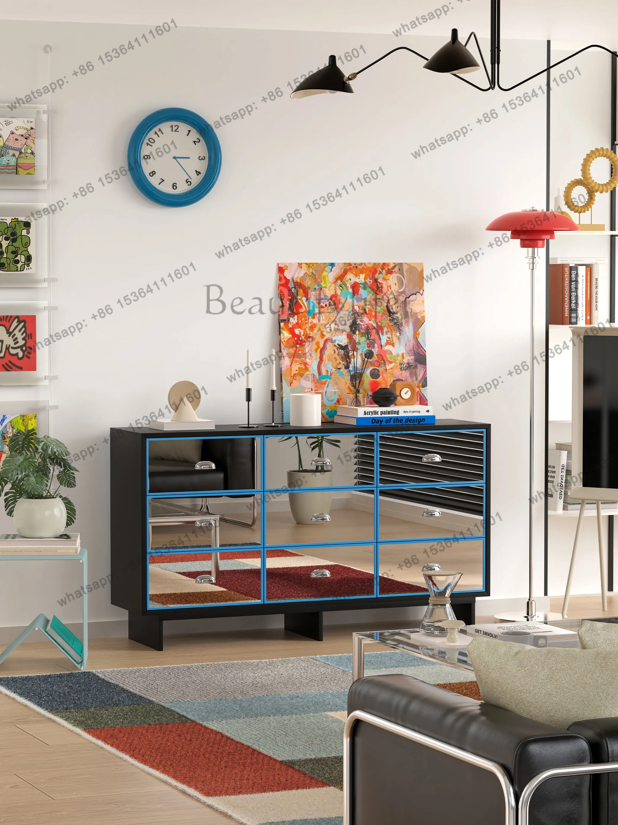 YJ Bauhaus Vintage Stainless Steel Mirror Lacquered 9 Drawer Cabinet Dopamine Color Customizable Side Storage Table