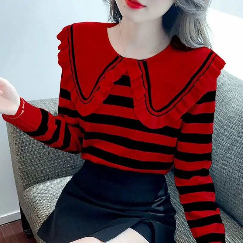 Long Sleeve Striped Knitting Loose Peter Pan Collar Sweater 2024 Spring Autumn New Bottoming Shirt Korean Ruffles Pullovers Tops