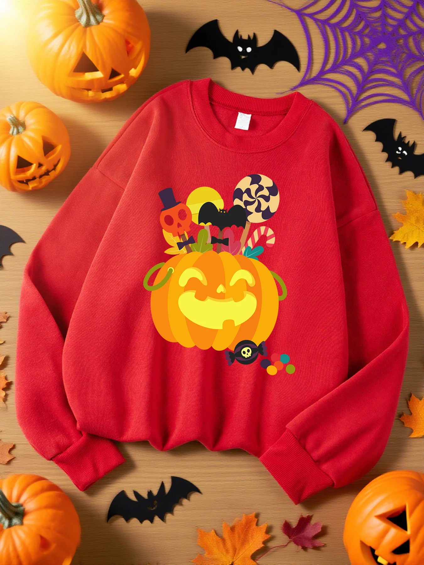 เสื้อสเวตเชิ้ตผู้หญิงลายฟักทองตลกๆ พร้อมลูกกวาด ดีไซน์ Y2K ผ้าเนื้อนุ่ม คอทรงโอ ใส่สบายๆ ในฤดูใบไม้ร่วง