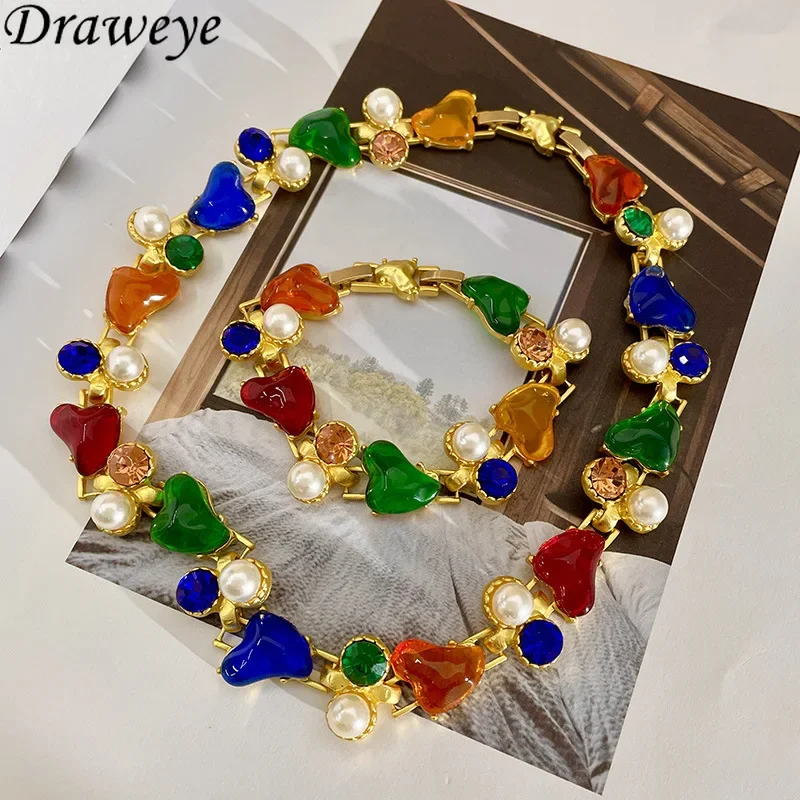 Draweye Colorful Crystal Necklaces for Womne Heart Vintage Korean Fashion Elegant Pearls Jewelry Party Collares Para Mujer