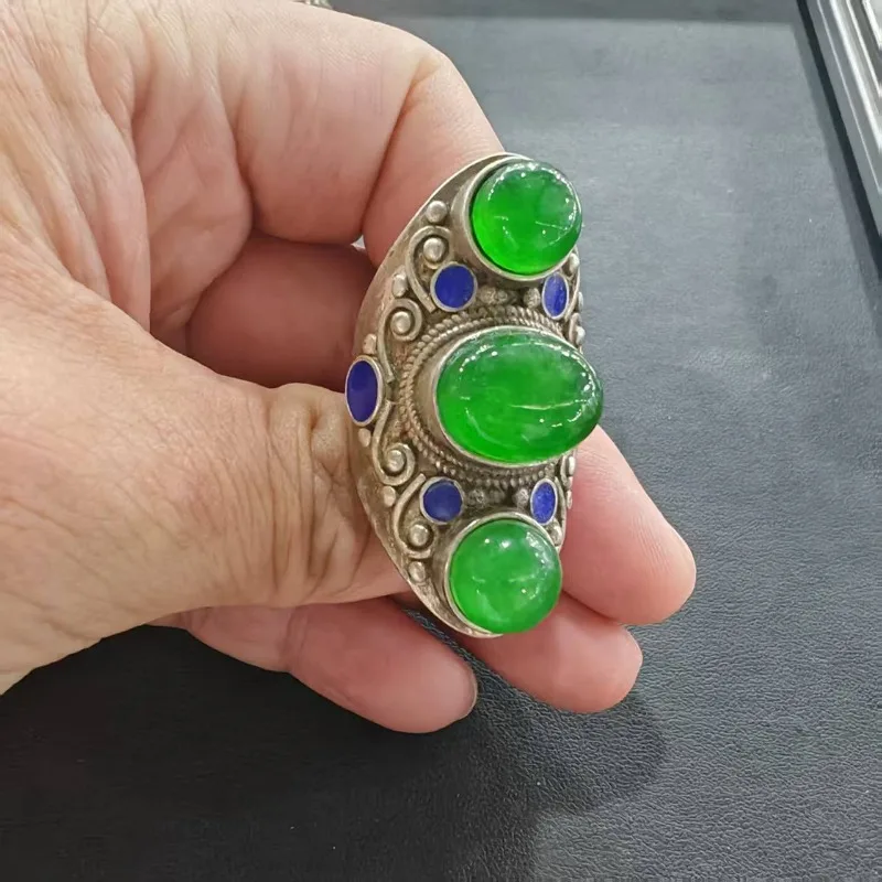 Retro-Orientalischer Cloisonné-Emaille-Ring Unisex Multi-Grün Imitierter Edelstein Antiker Gebogener Metall-Tribal-Herren-Fingerornament – Detail 3