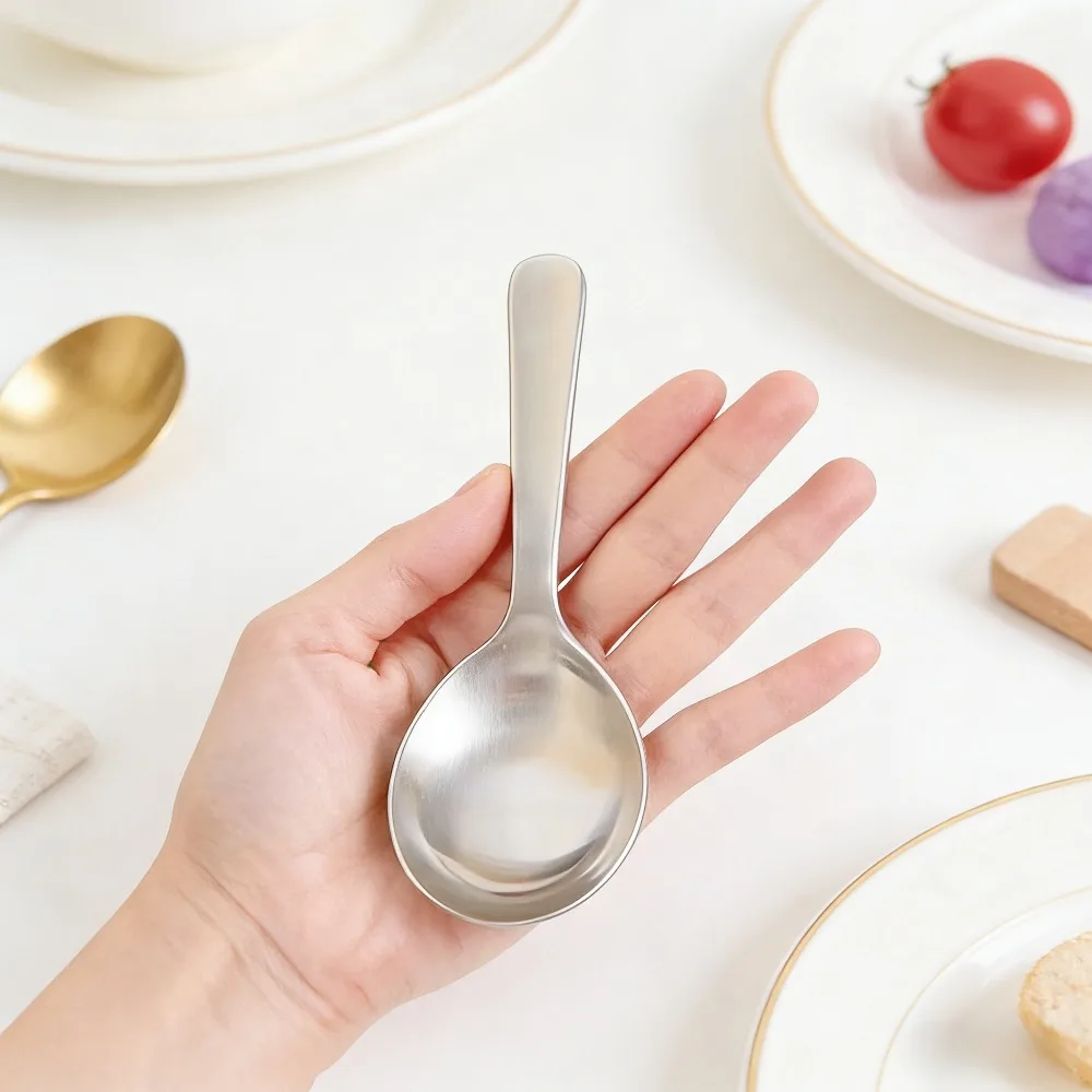 Stainless Steel Short Handled Spoon for Eating Drinking Soup 304 Stainless Steel Round Spoon Short Handled Matte Texture Scoop