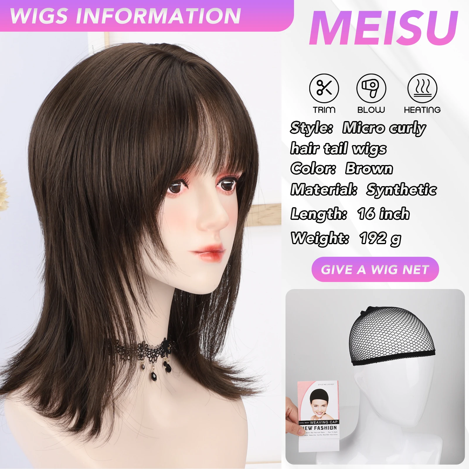 MEISU 16 Inch Brown Wigs Micro Curly Hair Tail Fiber Synthetic Heat-resistant Hair Sweet And Natural Party or Selfie For Women