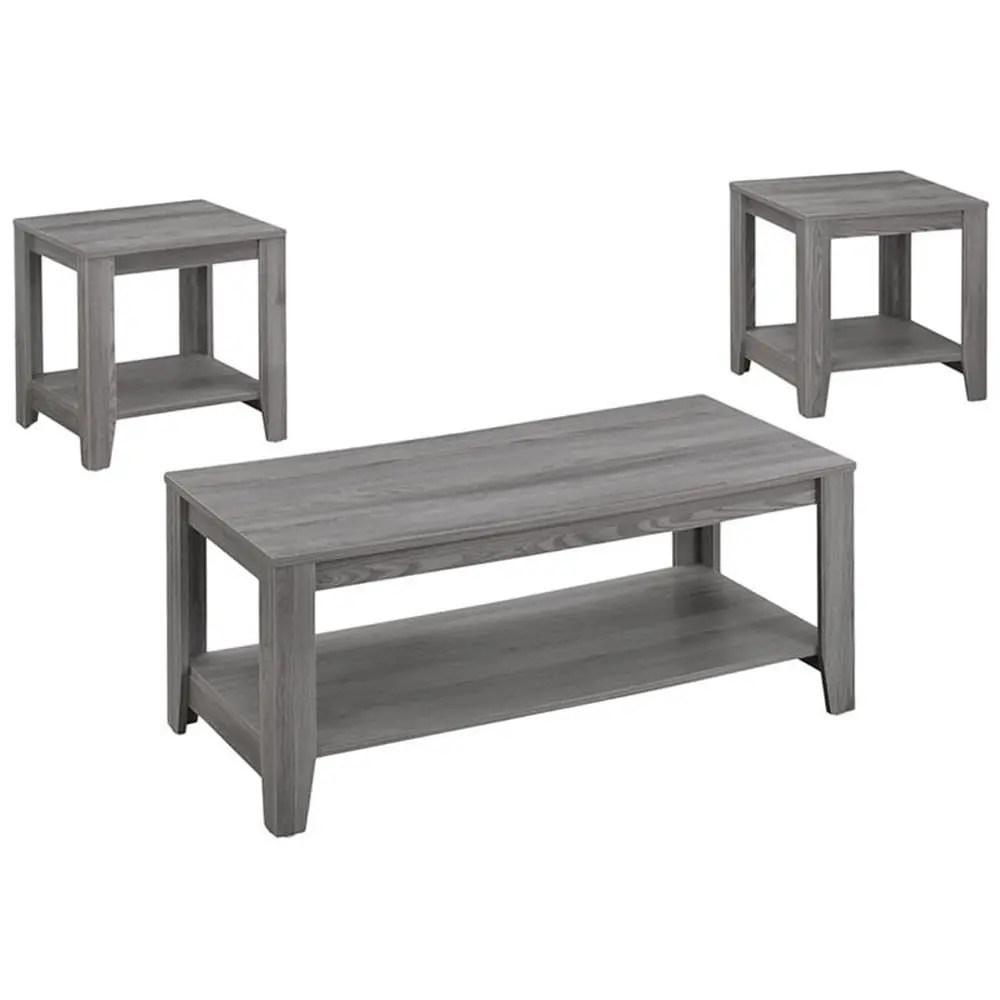 3 Piece Coffee Table Set Gray Oak-Look with 2 End Tables Bottom Shelf Storage Living Room Furniture, Customized