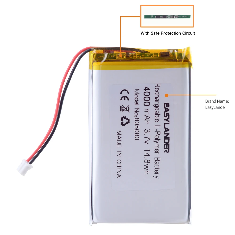 JST 2.0mm 2Pin 3.7V 4000mAh 805080 Lithium Polymer LiPo Rechargeable Battery cells For Power bank