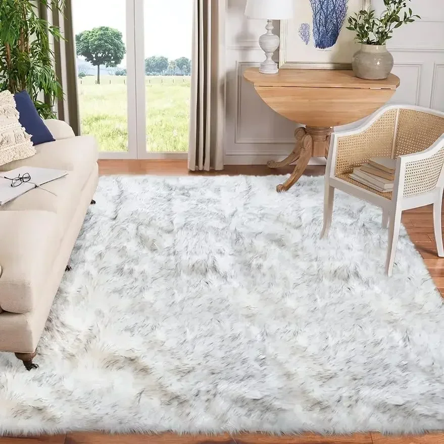 Goolela 8x10 Area Rugs for Living Room White and Grey Tips Faux Fur     Fluffy Fuzzy Sheepskin