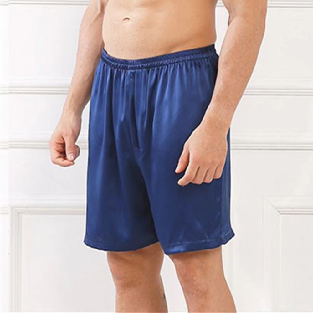 Pijama masculino de seda de cetim, cuecas sexy de seda suave, shorts soltos divididos para homens, shorts de salão L-3XL