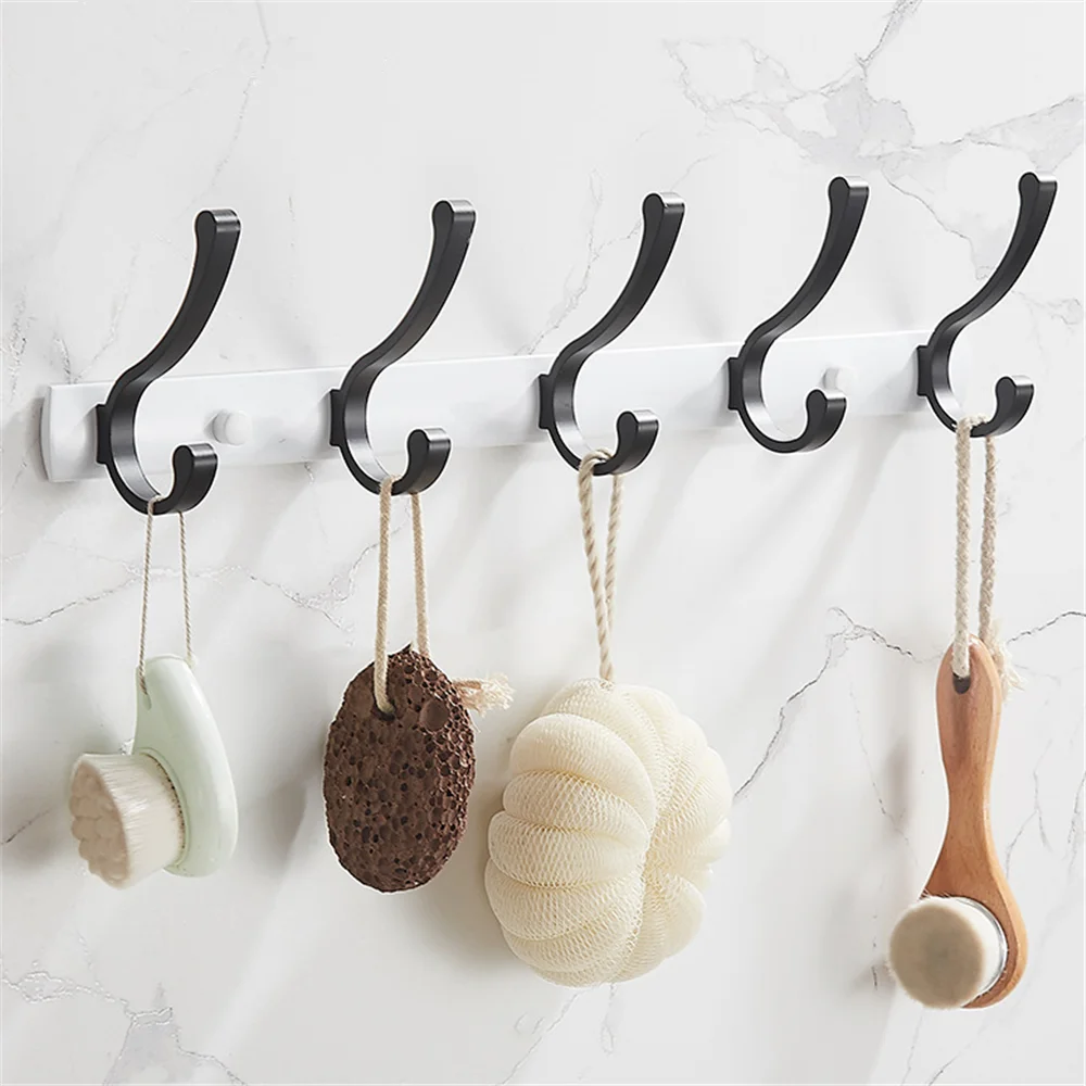 Bathroom Hook Wall Hanger for Coat Clothes Towel Keys with Sliding Hooks Black Hanging Rod Kitchen Bedroom Hallway Balcony Rack