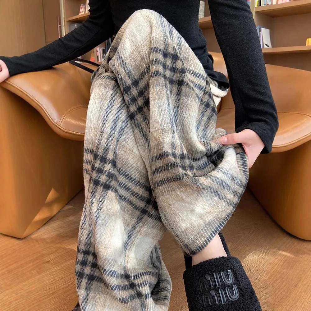 Korean Style Woolen Plaid For Women, Autumn And Winter Thickened 2026 New Straight Casual High Waist Loose Lazy Floor-Length