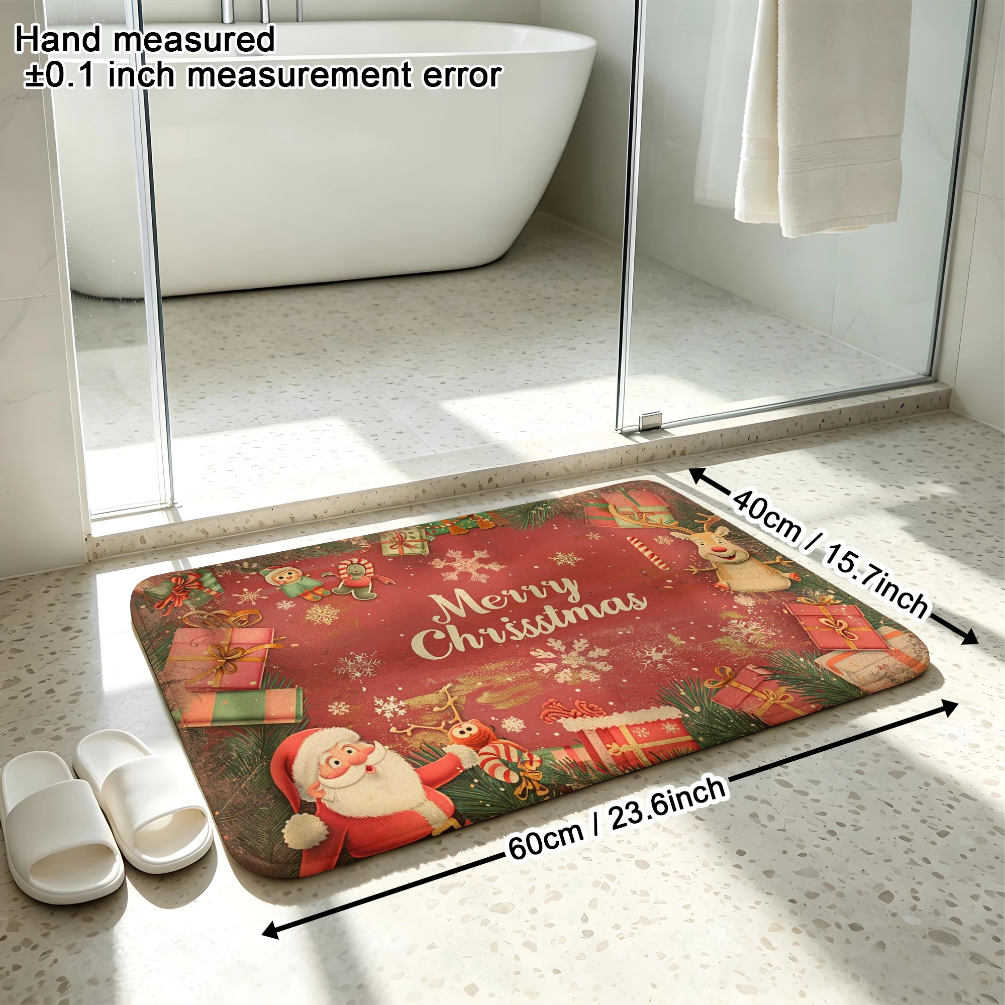 Vintage Santa Reindeer Elf Gift Print Plush Absorbent Sponge Mat,Bathroom Non‑Slip Mat & Decorative Door Mat