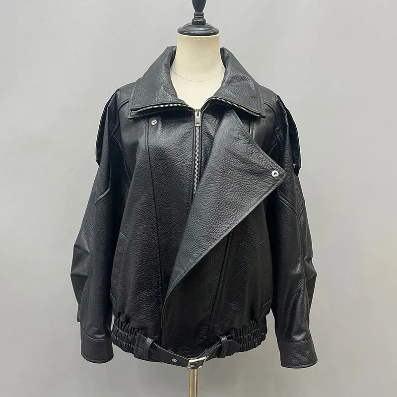 Chaqueta de piel de oveja para mujer, abrigo informal de motocicleta, moda europea y americana, alta calidad, otoño