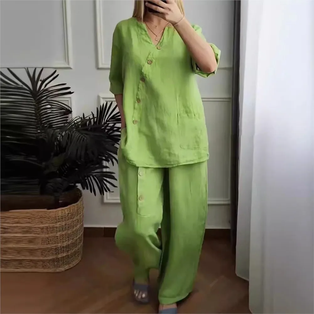 Summer New Solid Color Cotton Linen Women\'S Suit 3/4 Sleeve Top Fashion Retro Pocket Wide Leg Trousers Female Casual 2 Piece Set