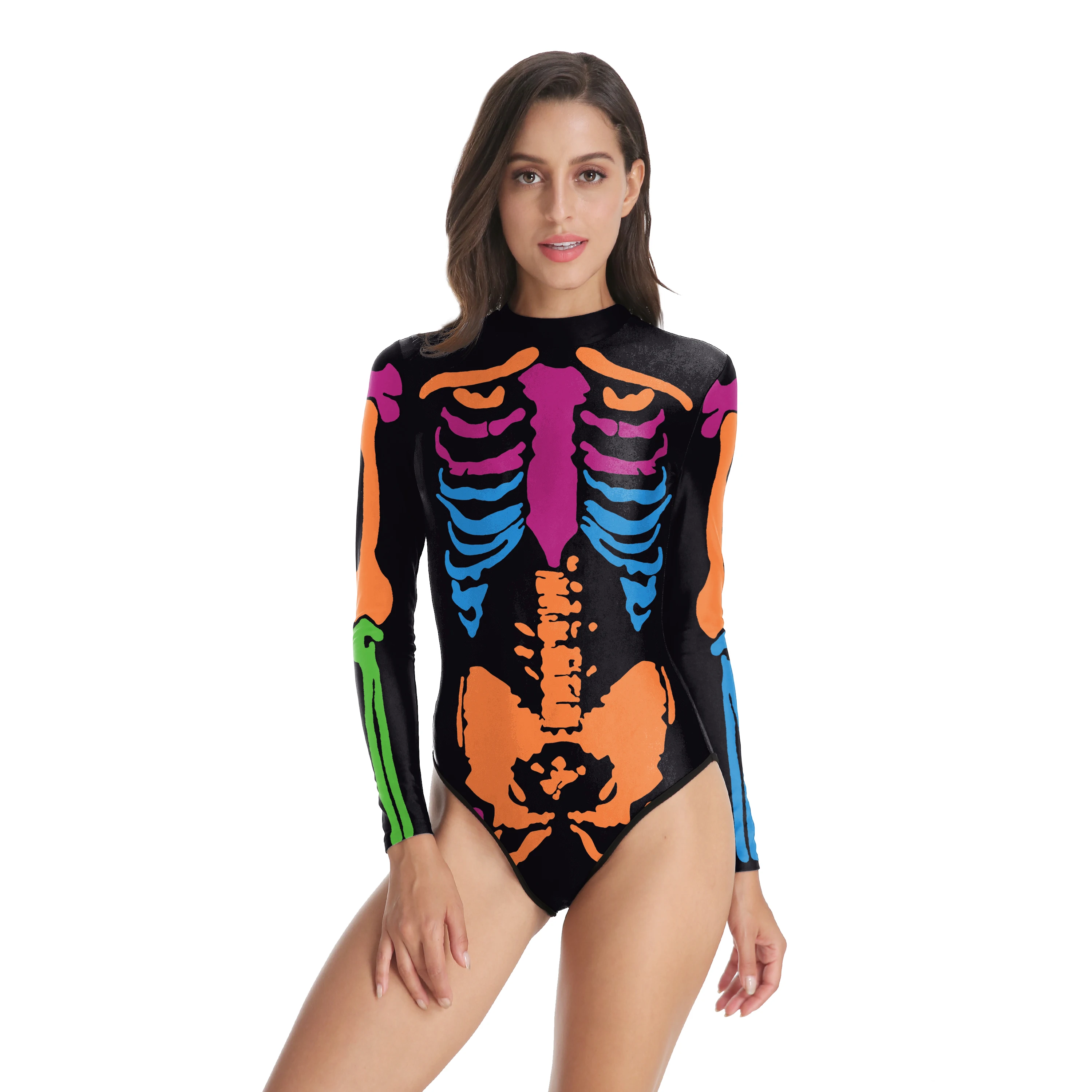 Zawaland Skeleton Printed Women Swimsuit Cosplay Halloween Costume Fashion Jumpsuits Female Long Sleeve Swimwear Zentai