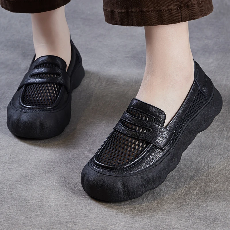 Leather Large Size Women's Shoes Soft Bottom Hollow Mesh Slip-On Casual Loafers Breathable Black Single Shoes Leisure Footwear