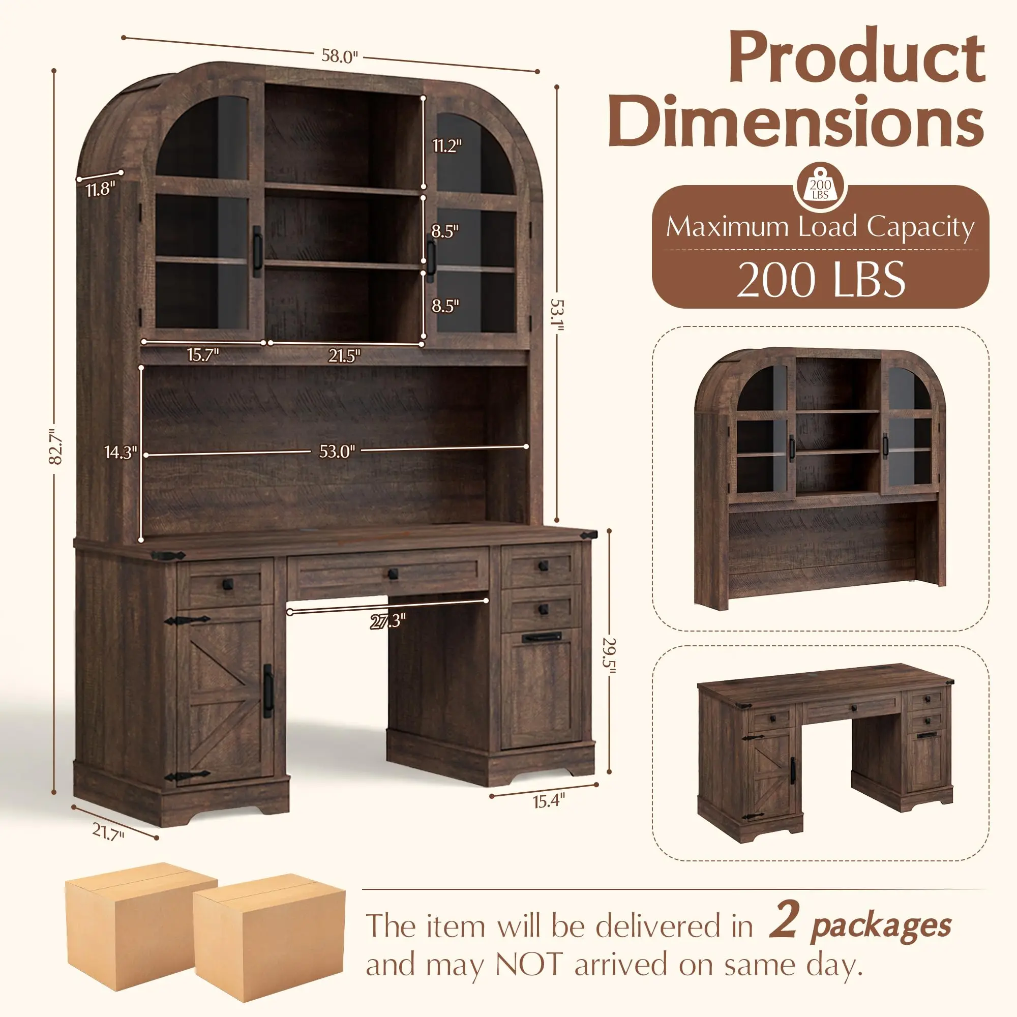 Farmhouse Computer Desk with Hutch, 83 inch Height Office Desk with Drawers, Charging Station and Storage Cabinet