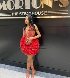 Red Sweetheart Short Prom Dress For Black Girls Beaded Crystal Feathers Homcoming Party Dresses Luxury Mini Abiti Da Cocktail