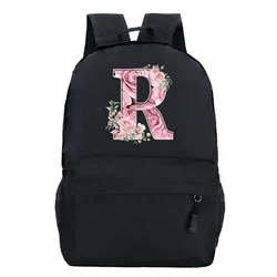 Pink Rose Alphabet Backpack Black Casual Women Aesthetics Rucksack Teenage Girl Boy Flower Letter School Bag Student Mochilas