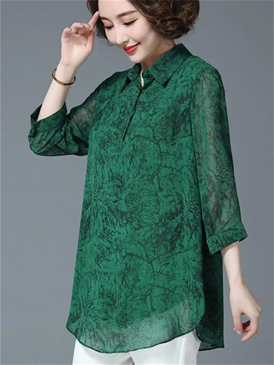 

5XL Women Spring Summer Shirts Lady Fashion Casual Half Sleeve Turn-down Colla Green Printing Blusas Tops TT2048