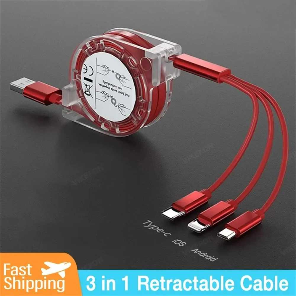 

3A Fast Charge 3-in-1 Cable USB CLightning Micro Telescopic Design for iPhone 1514 13 12 Samsung Xiaomi 1-3m Adjustable