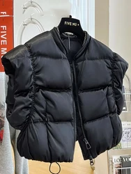 2024 Winter Autumn Cropped Vest High Collar Front Pockets Sleeveless Puffer Coat Zipper Outerwear Jacket