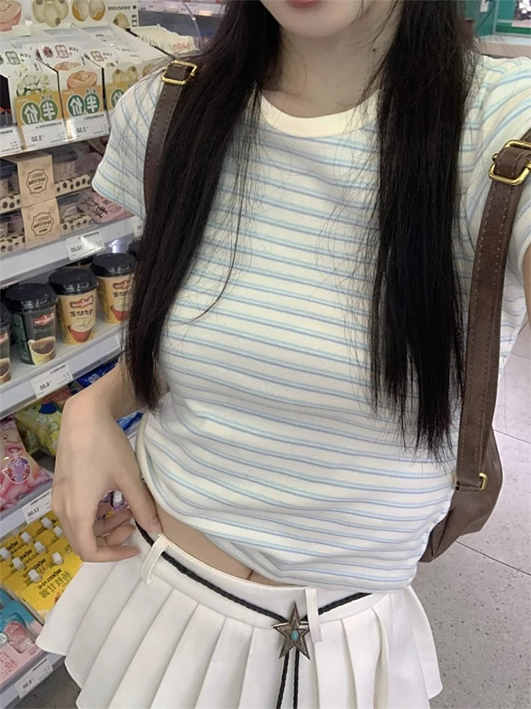 اليابانية بسيطة الأزرق مخطط تي شيرتات قصيرة الاكمام المرأة بلايز الصيف موضة سليم صالح س الرقبة قصيرة الأكمام المحملة الملابس النسائية