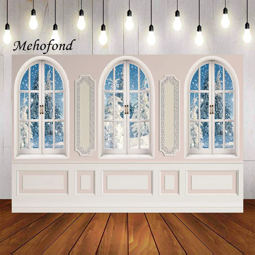 Mehofond Photography Background Winter Christmas Window European Wall Snow Kid Family Party Portrait Decor Backdrop Photo Studio