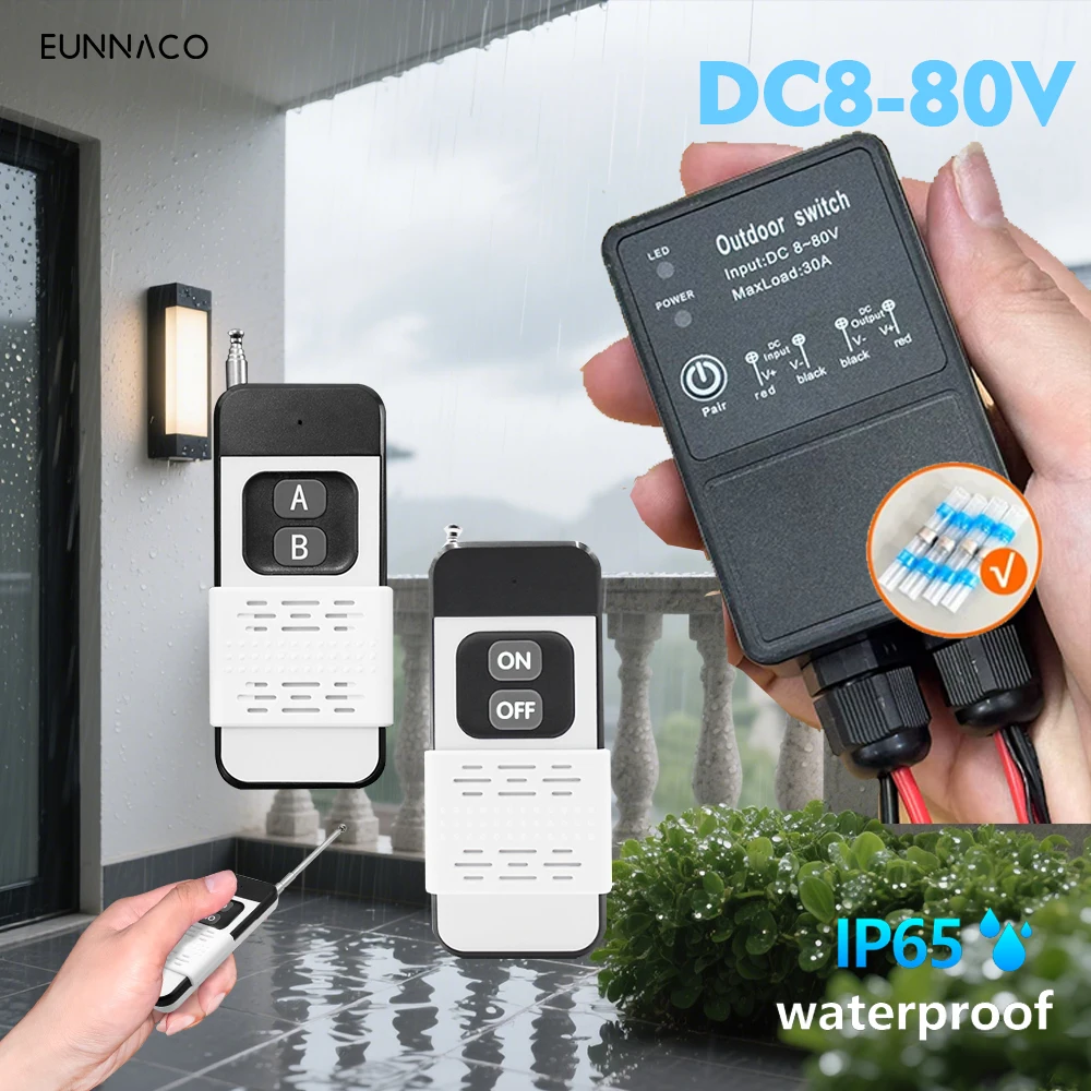 RF433Mhz Universal Wireless Remote Control Switch Waterproof Receiver DC 8V 12V 24V 30A Transmitter for Pump Lighting TV Light