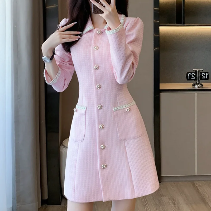 

Women Autumn Pink Long-sleeved French Small Fragrance Dress Korea Fashion Slim Sweet Office Tweed One-piece Dress Mujer 1682