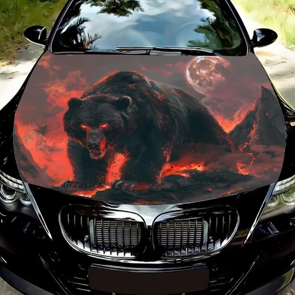 

The Black Bear Under The Red Moon Car Vinyl Wrap - PVC Material, Mysterious Pattern Decal For Car Bonnet, Car Decals And Sticker